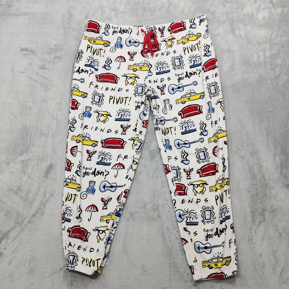 Friends Pants Womens XL White Fleece Jogger Lounge Sleep Pajama Graphic Casual